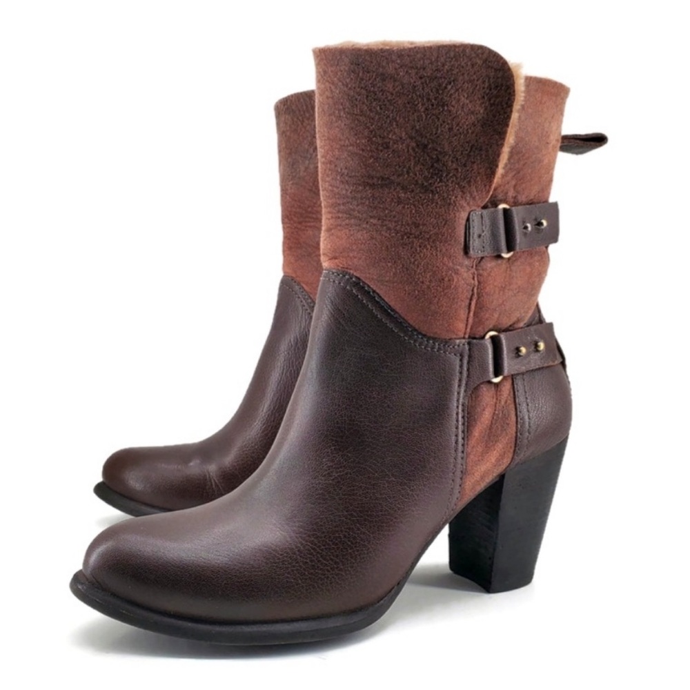UGG Jayne Stout Brown Suede  Leather Split Shearling Cuff & Buckles Heeled Boots